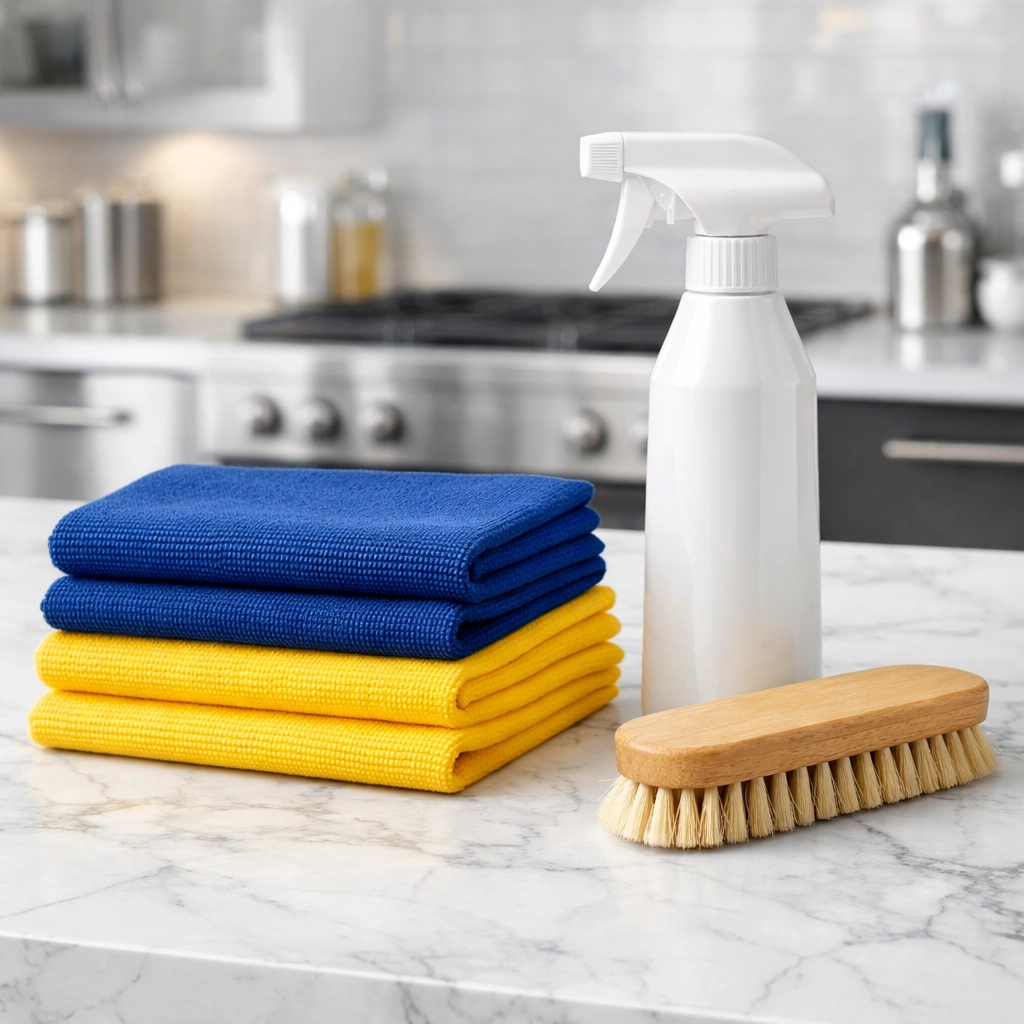 Professional cleaning supplies and microfiber cloths for expert Apartment Cleaning Boston services.