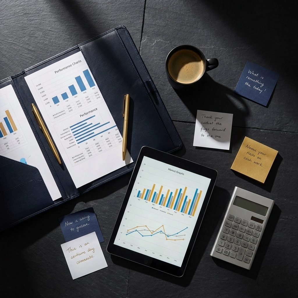 Quarterly review setup with charts and digital devices emphasizes regular portfolio assessment.