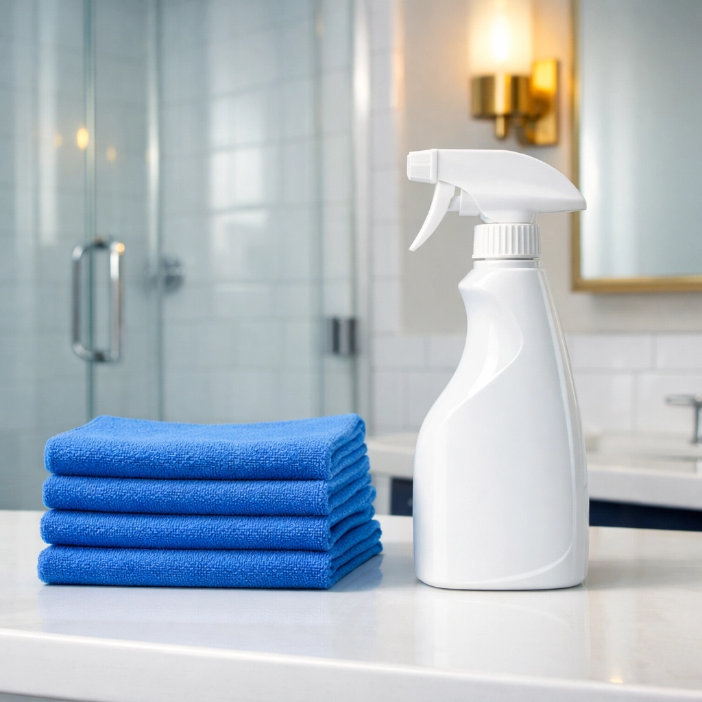 Professional house cleaning tools on a spotless bathroom vanity in a Townsend MA home.
