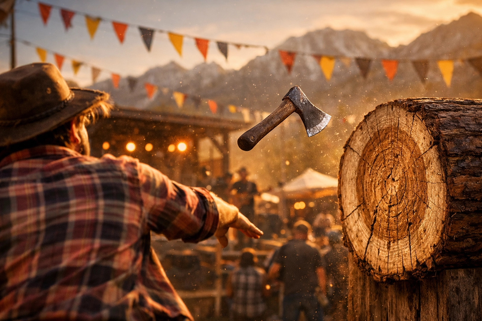 Axe throwing activity at Team Whiskey Bonanza in Reno, Nevada with a scenic mountain backdrop.