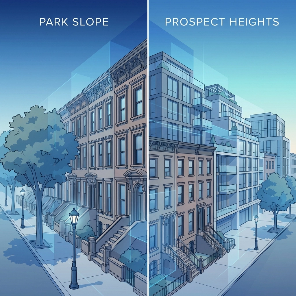 Side-by-side illustration of Park Slope brownstones and Prospect Heights mid-rise apartments in Brooklyn property management context