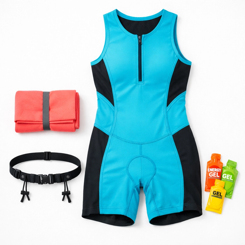 Tri-suit with transition towel, race belt and energy gels for race day