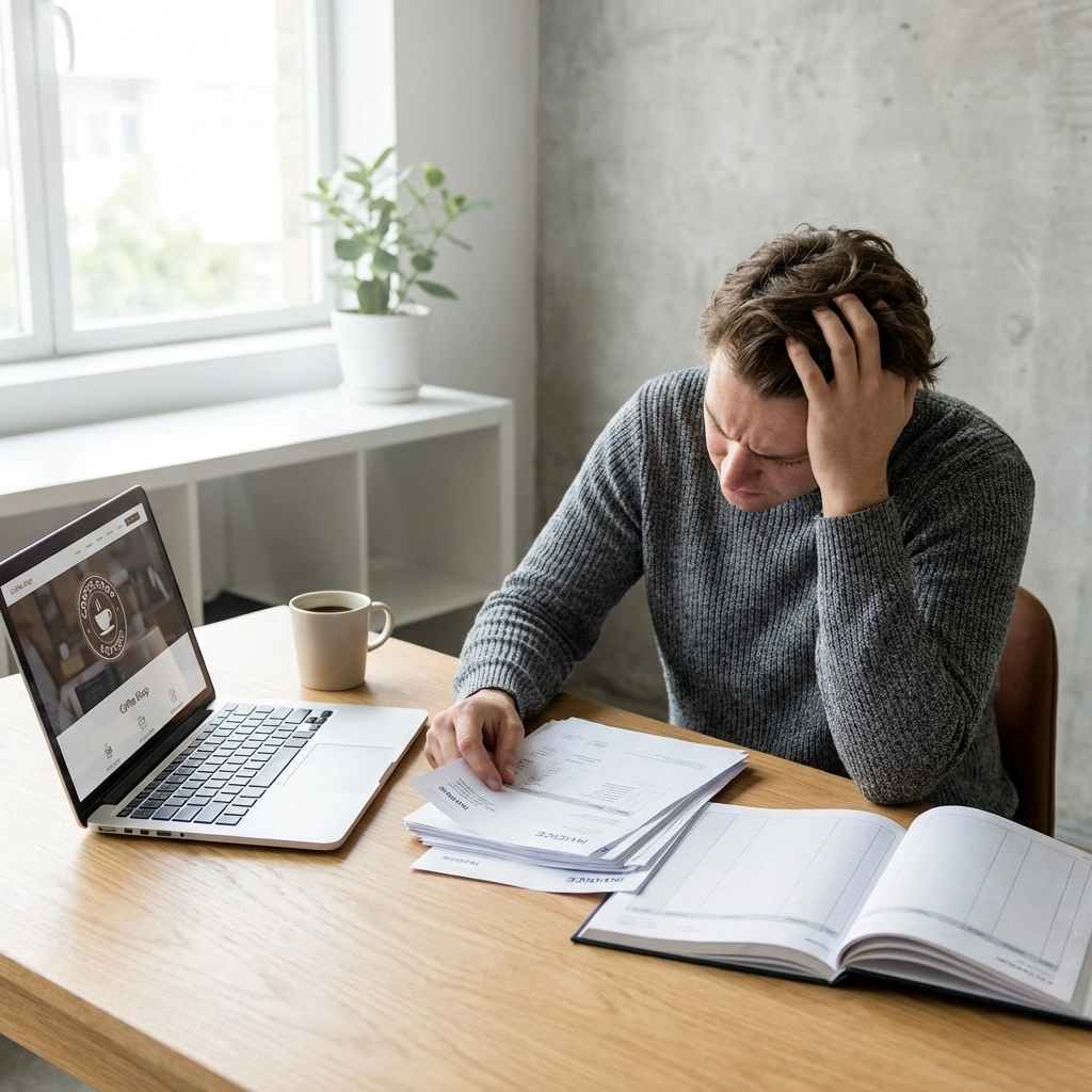 Small business owner reviewing website costs at a modern desk, comparing web design options in the North East.