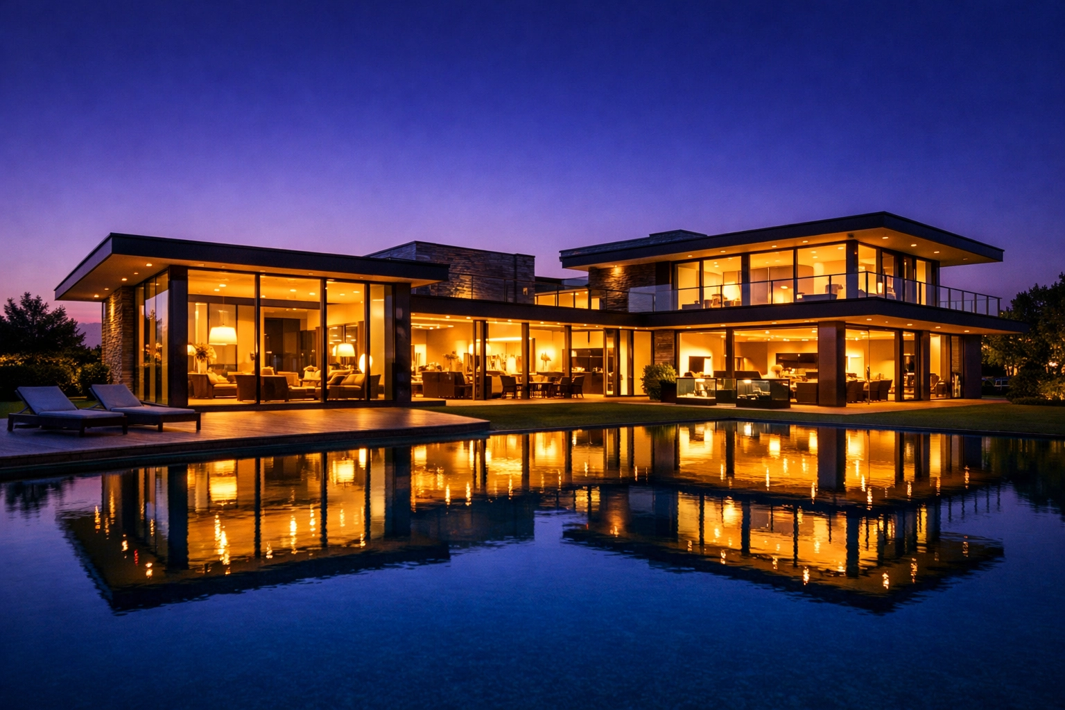 Luxury real estate photography showing the luminosity of a modern villa at dusk with warm interior lights.