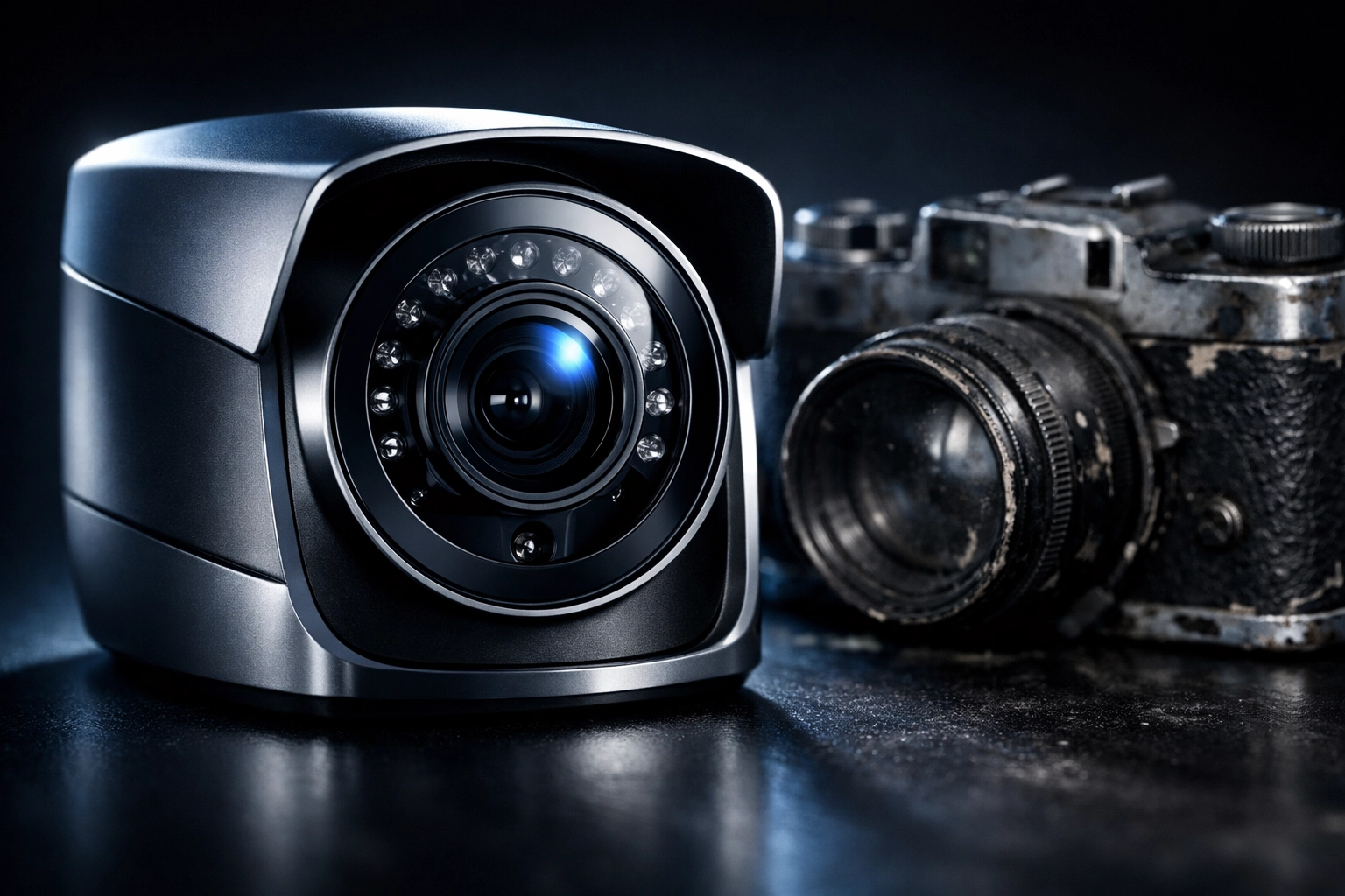 Modern IP security camera next to outdated analog camera showing video surveillance upgrade benefits