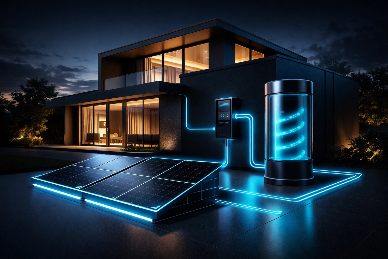 Modern home with advanced solar panels and battery storage, illustrating off-grid energy independence for storm survival and business continuity.
