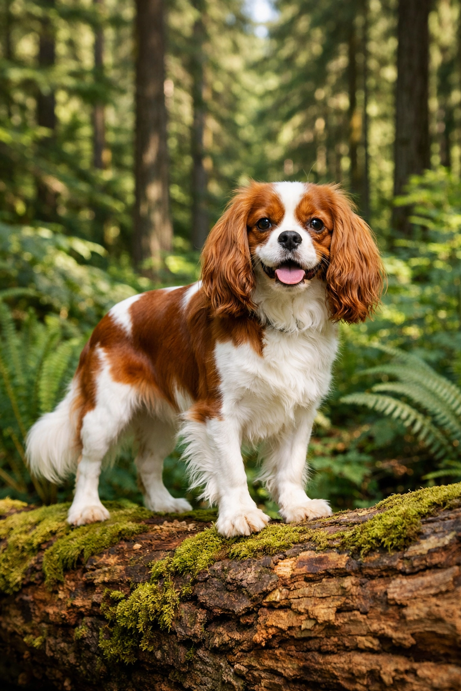 Health-tested Cavalier King Charles Spaniels Portland OR hiking in a lush Oregon forest.