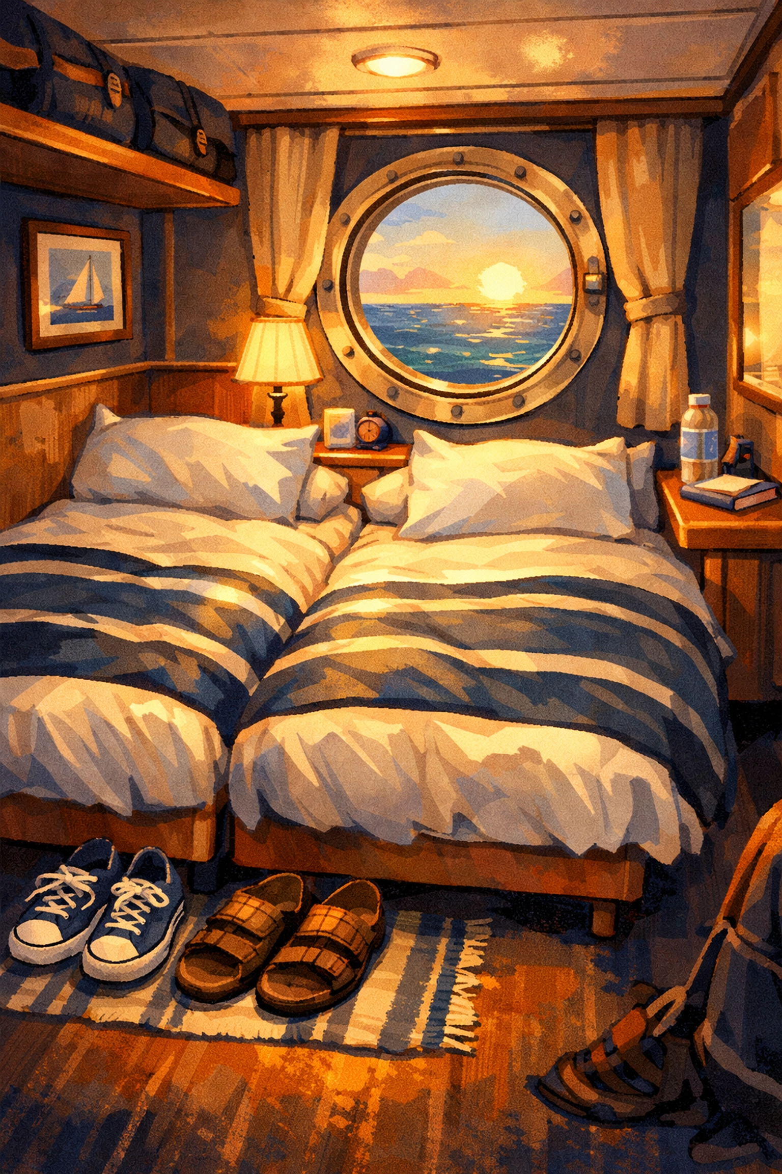 Intimate cruise ship cabin interior showing forced proximity in MM romance setting