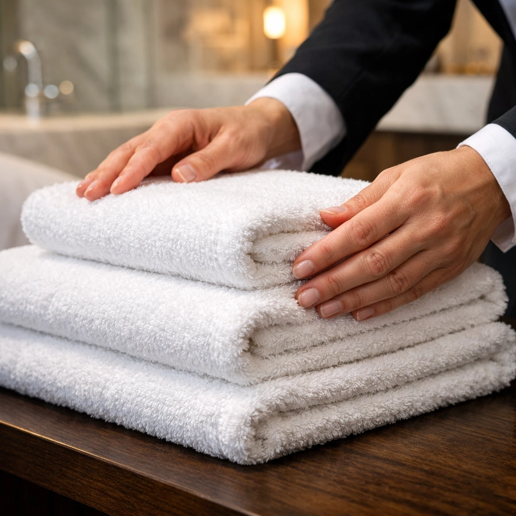 Professional STR turnover cleaner staging fresh towels in a clean Bradenton vacation rental.