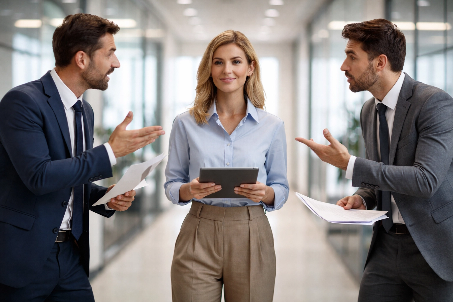 Administrative assistant calmly managing competing demands from two executives, demonstrating prioritization skills