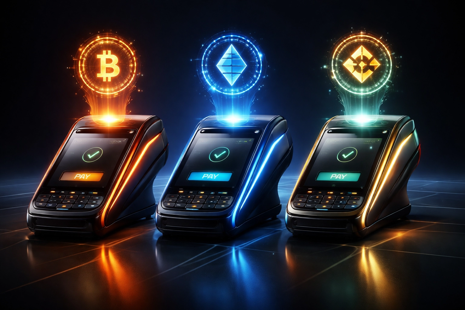 Comparison of three advanced crypto POS terminals, each highlighting key features of NOWPayments, CoinPayments, and Larecoin