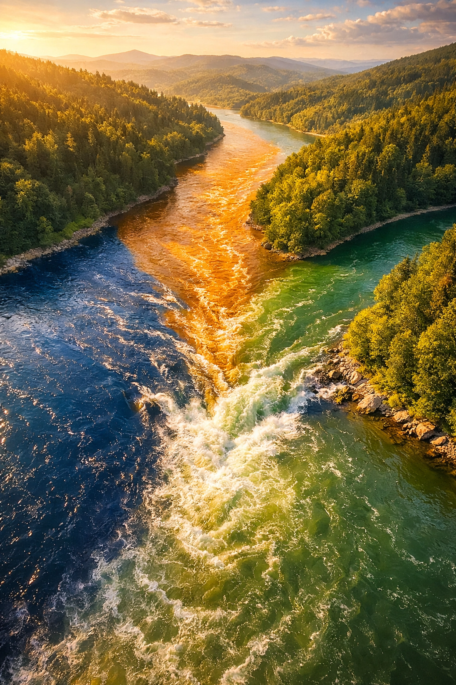 Three distinct streams merging together representing diversified asset classes in a balanced portfolio