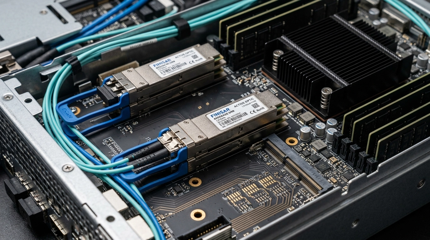 Macro close-up of a high-performance compute node tray showing high-speed interconnects and 800G/1.6T fiber optic transceivers.