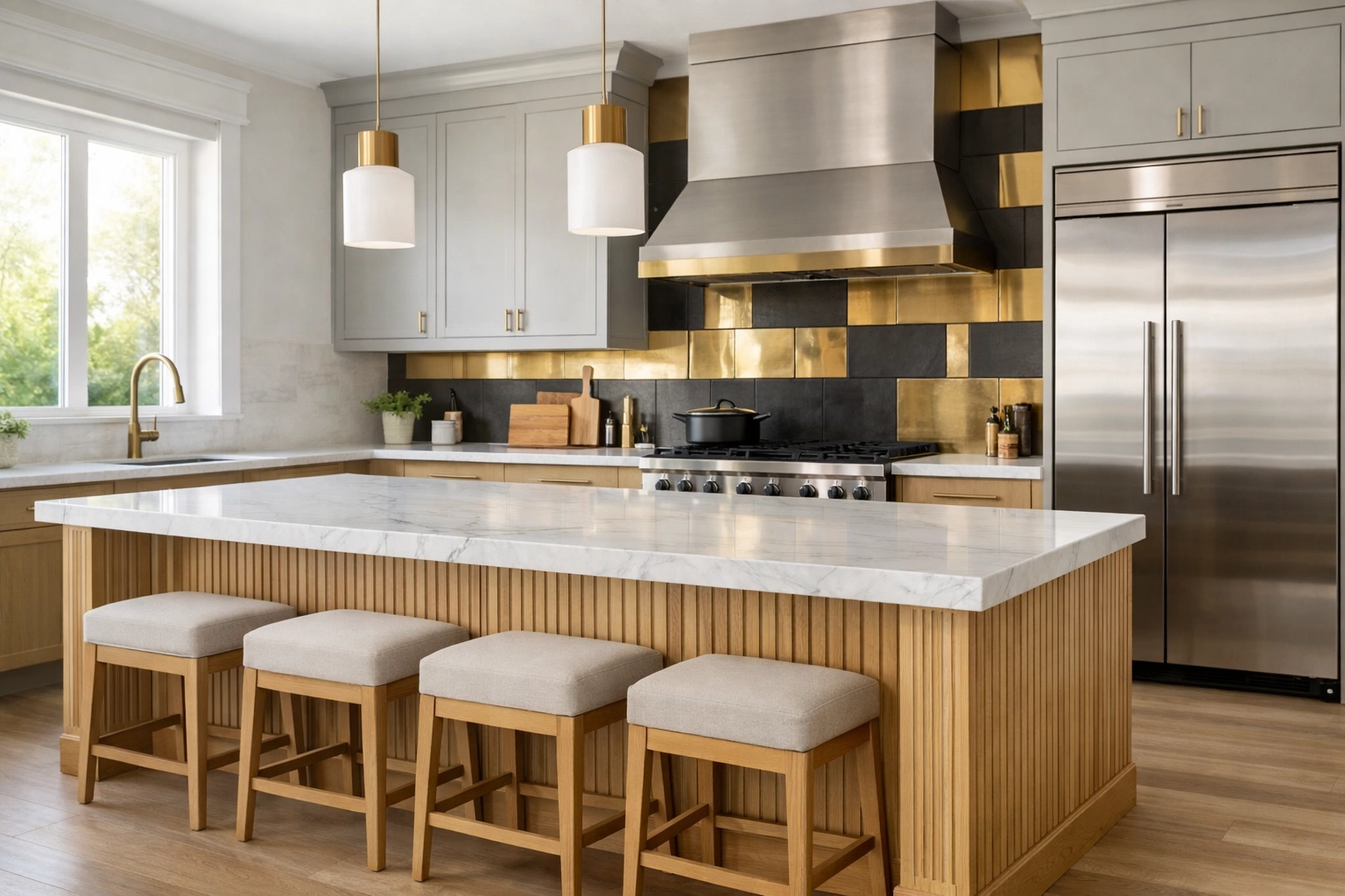 Luxury kitchen remodeling Orlando featuring a fluted wood island and mixed-metal backsplash.