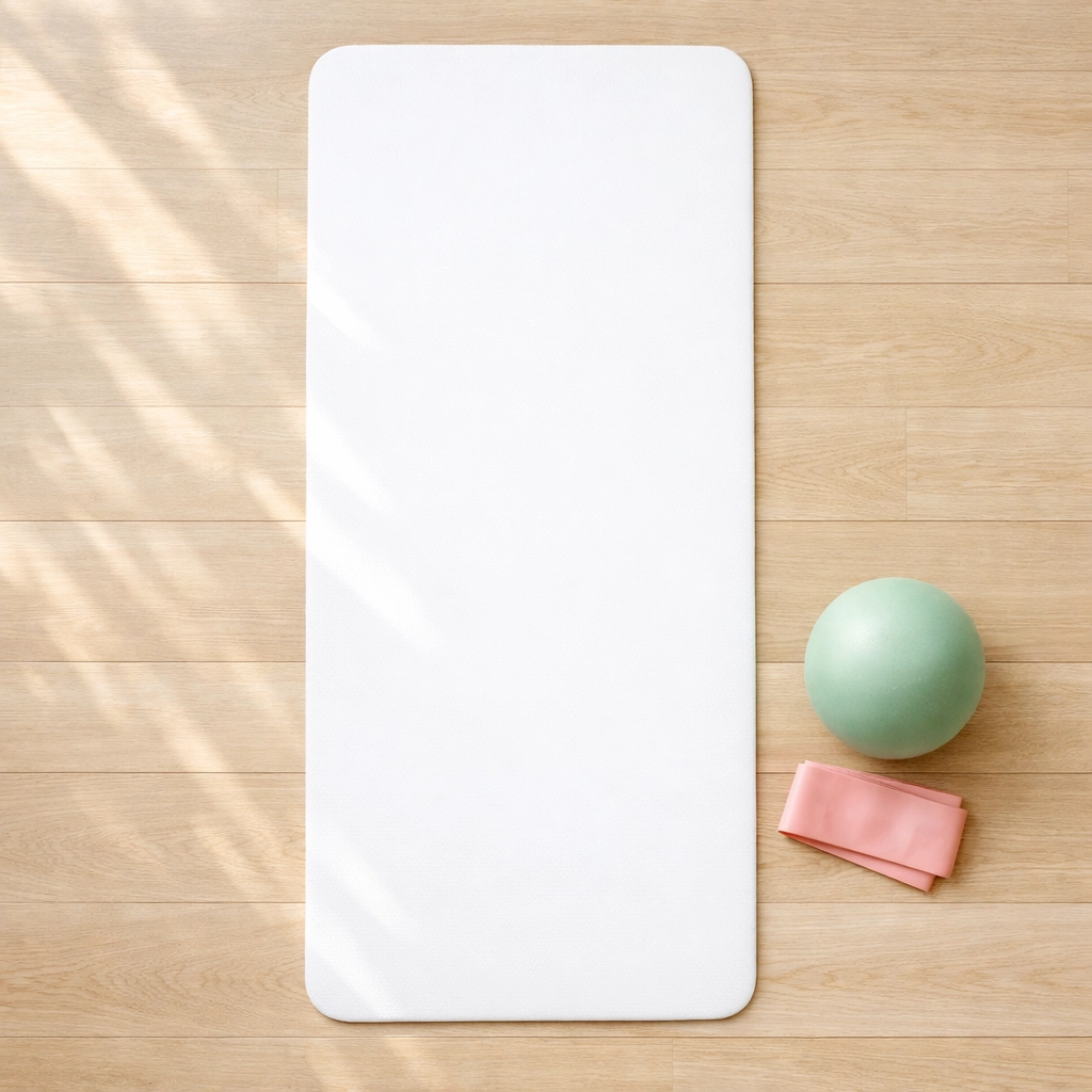 Mat Pilates equipment including resistance band and ball on studio floor