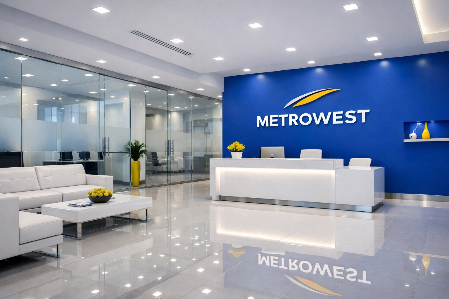 Professional office cleaning in Westford showing a clean modern lobby with polished reflective floors.