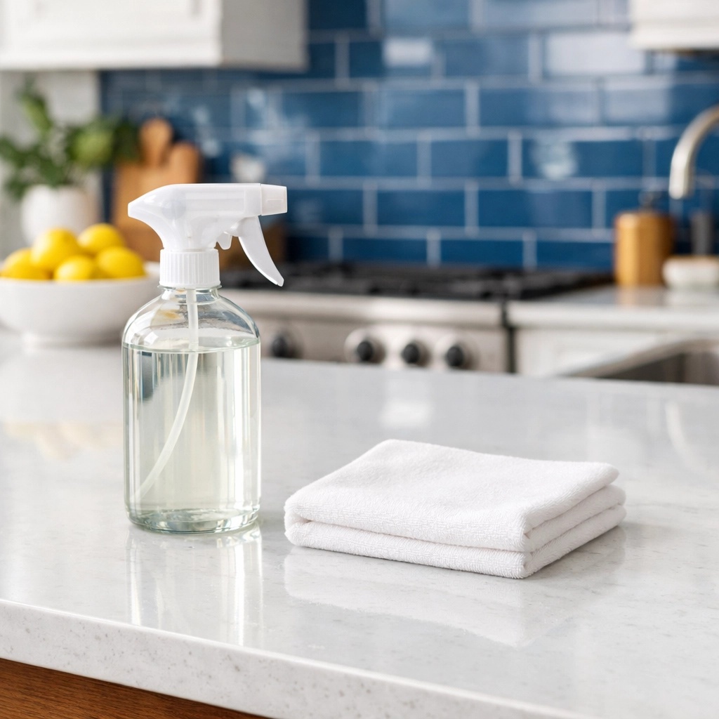 Eco-friendly supplies on a spotless kitchen island, showcasing quality professional cleaners in Andover.