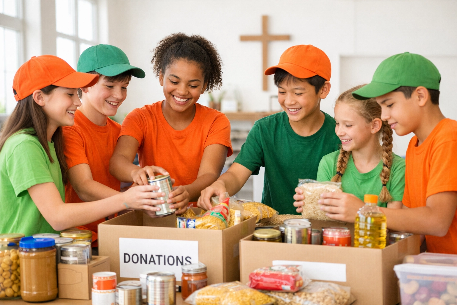 Children volunteering in community service project learning biblical values and compassion