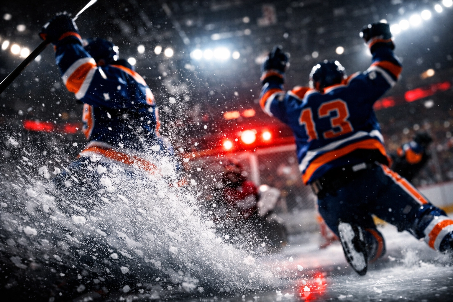 Edmonton Oilers players celebrate an overtime goal at Rogers Place during a home game victory.