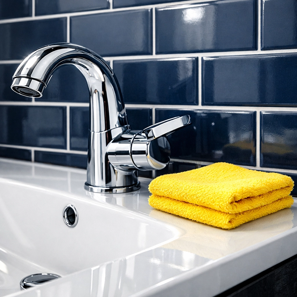 Sparkling chrome faucet and white sink cleaned with natural solutions and a microfiber cloth.