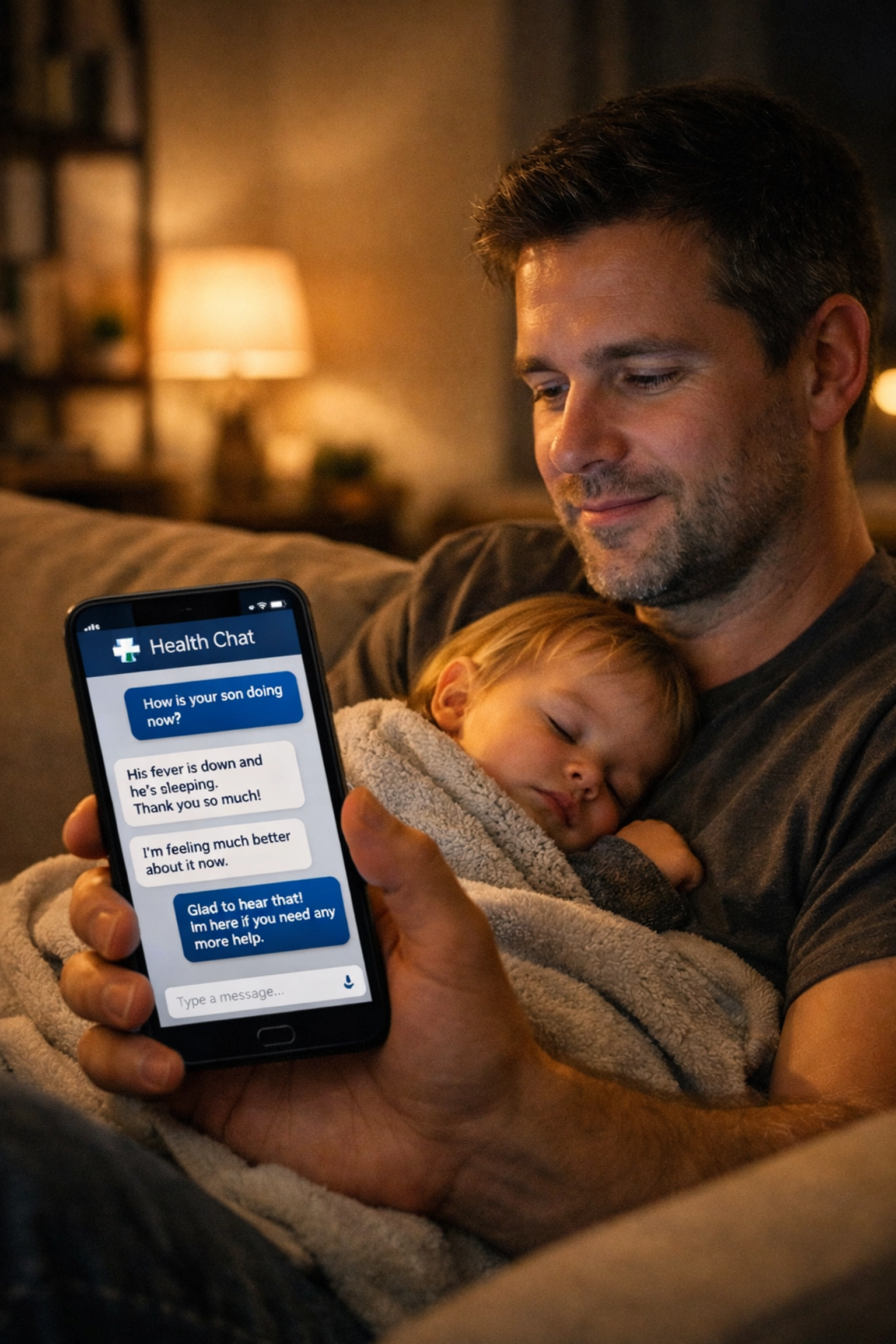 A father uses secure medical chat on his phone at night to get 24/7 care for his sleeping child.