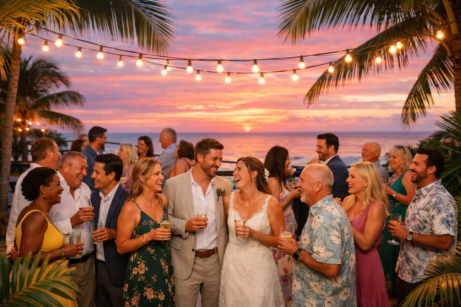 Intimate destination wedding guests celebrating at Caribbean resort terrace at sunset