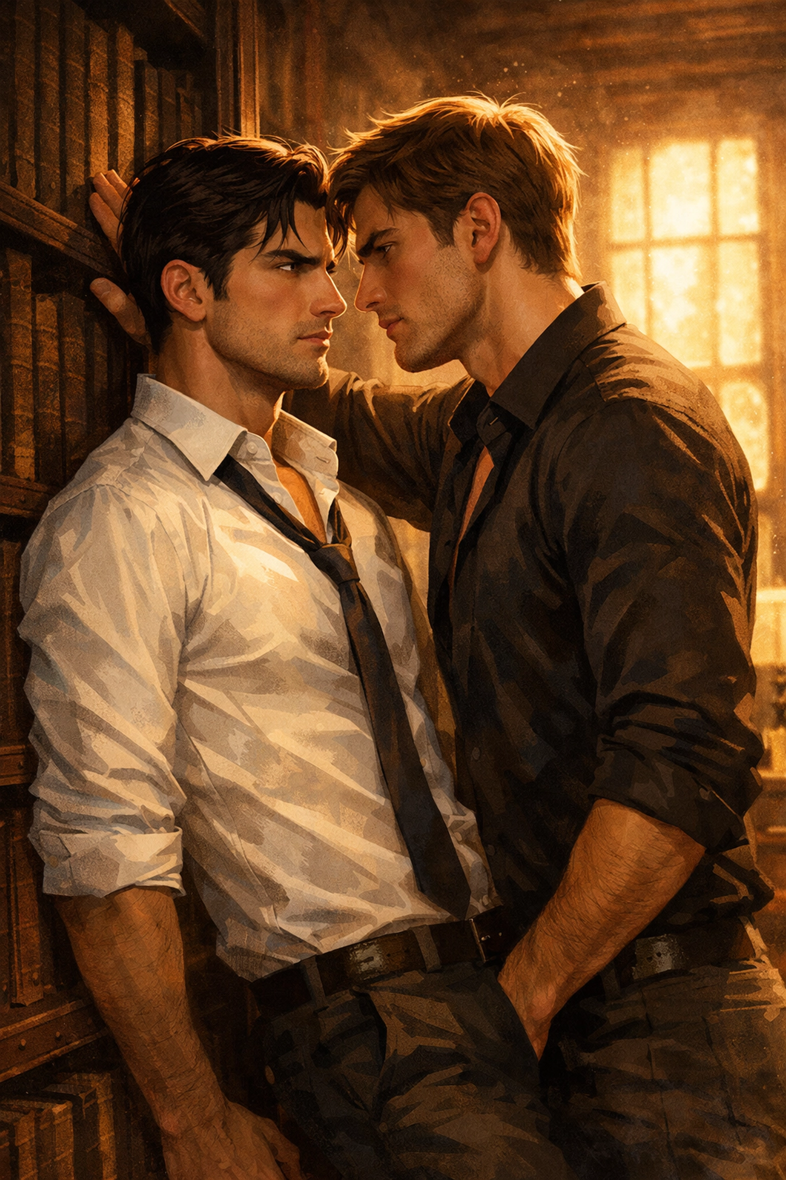 Intense enemies to lovers MM romance scene between two men in a sun-drenched library.