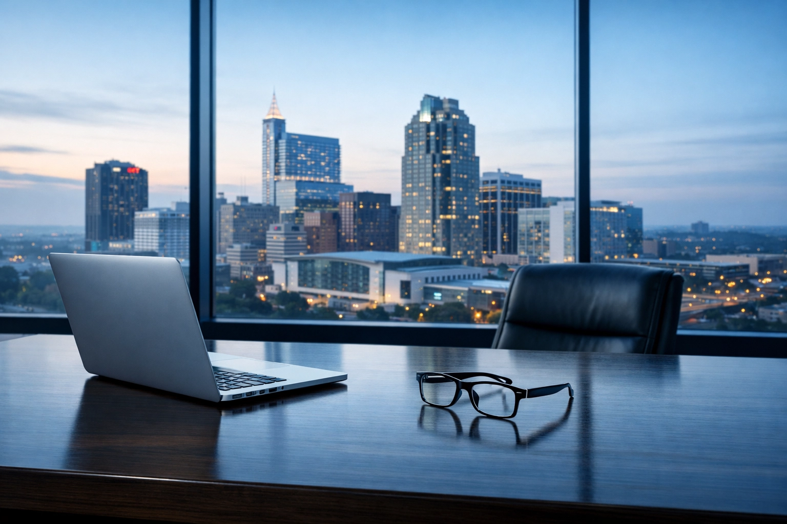 Modern office desk with a North Carolina city view representing expert business broker services near me.