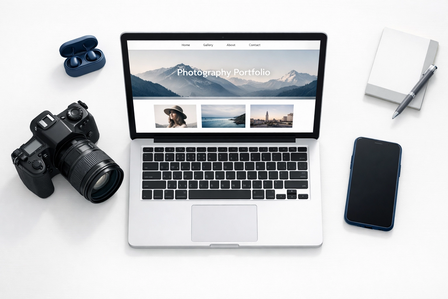 How to Land More Photography Gigs in 2026: The Ultimate Guide with ProShoot.io 1 Professional photographer workspace with camera, laptop, and portfolio for finding gigs in 2026
