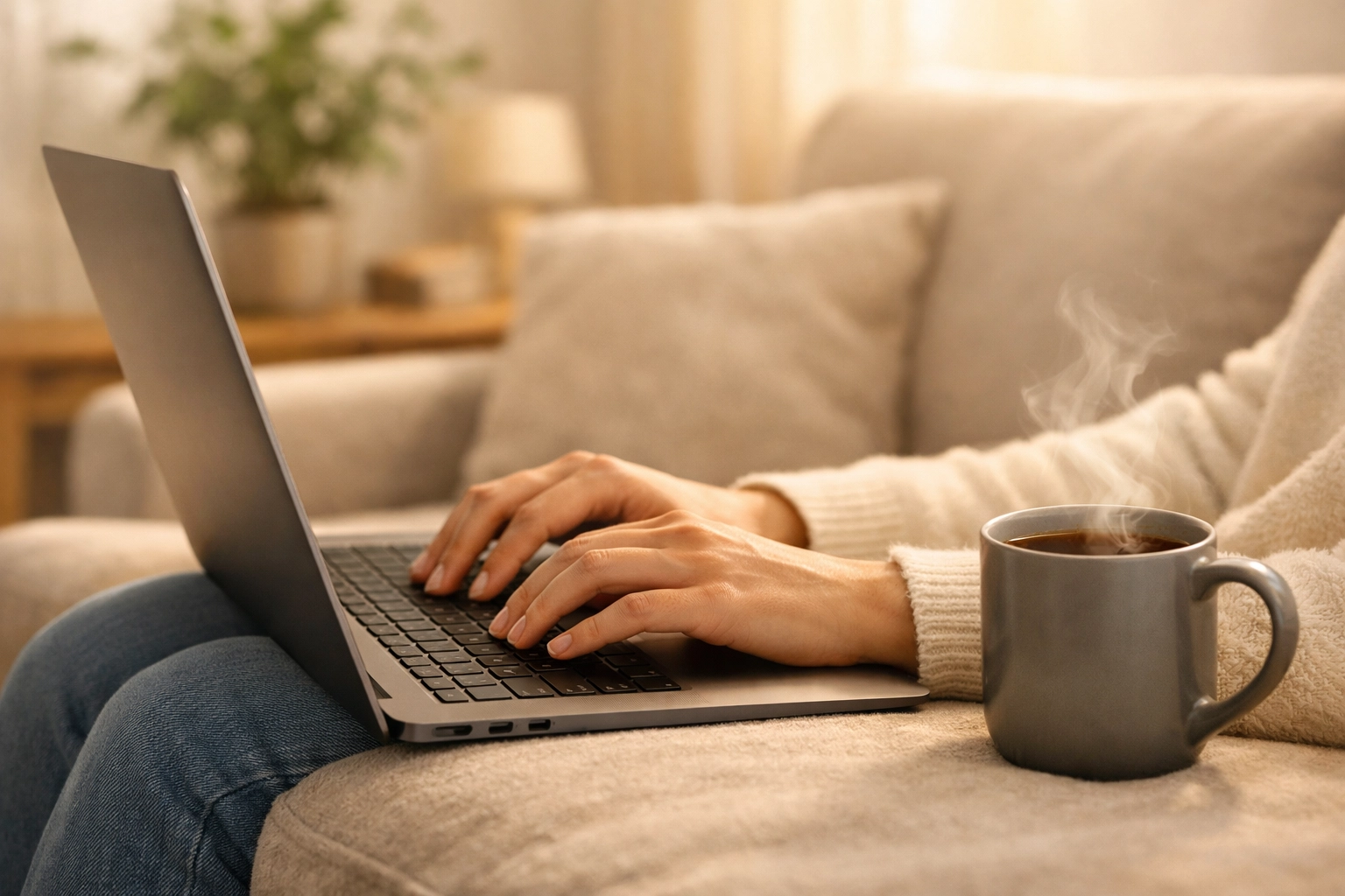 Applying for an e-transfer payday loan in Canada using a laptop from the comfort of home.