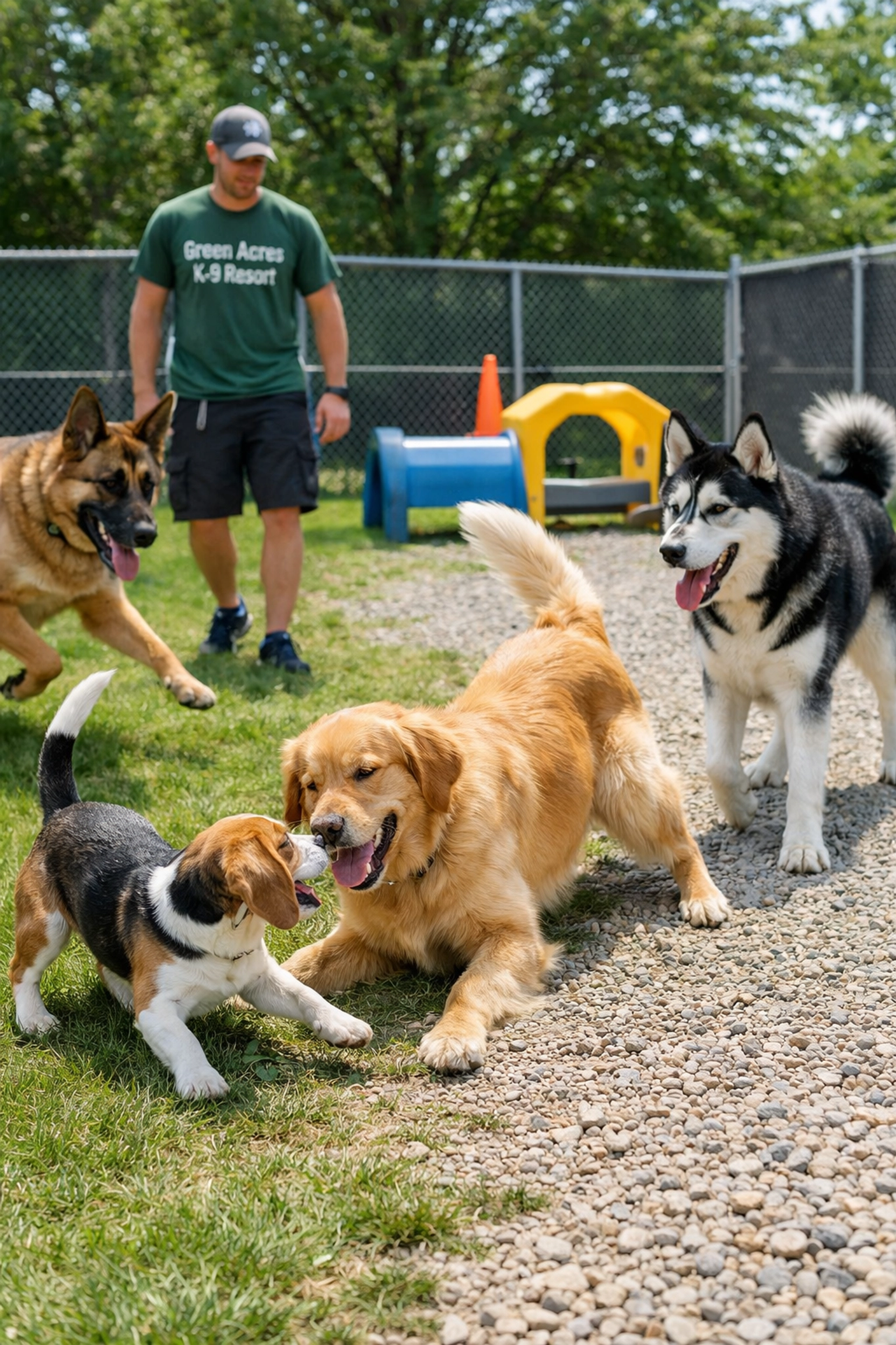Dogs enjoying supervised outdoor play during structured daycare at Green Acres K-9 Resort