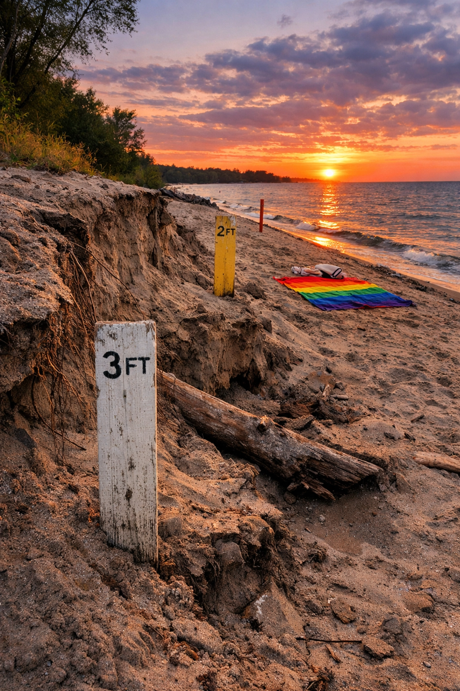 Beach erosion at Hanlan's Point Toronto with rainbow flag showing LGBTQ+ conservation efforts