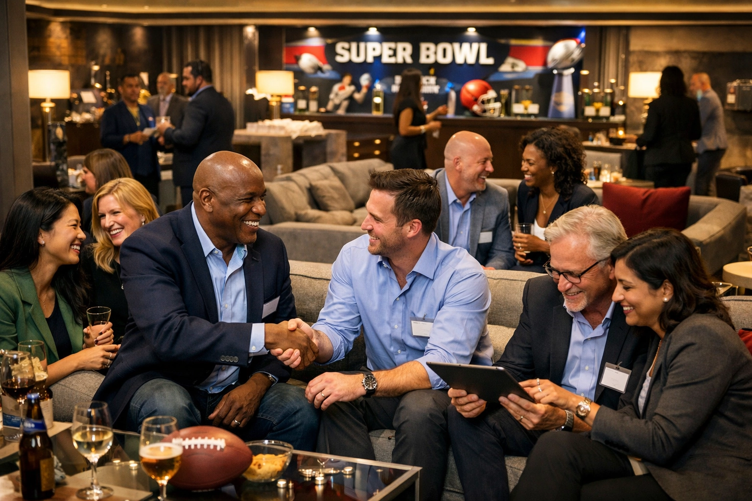 Business executives networking in VIP lounge during Super Bowl corporate hospitality event