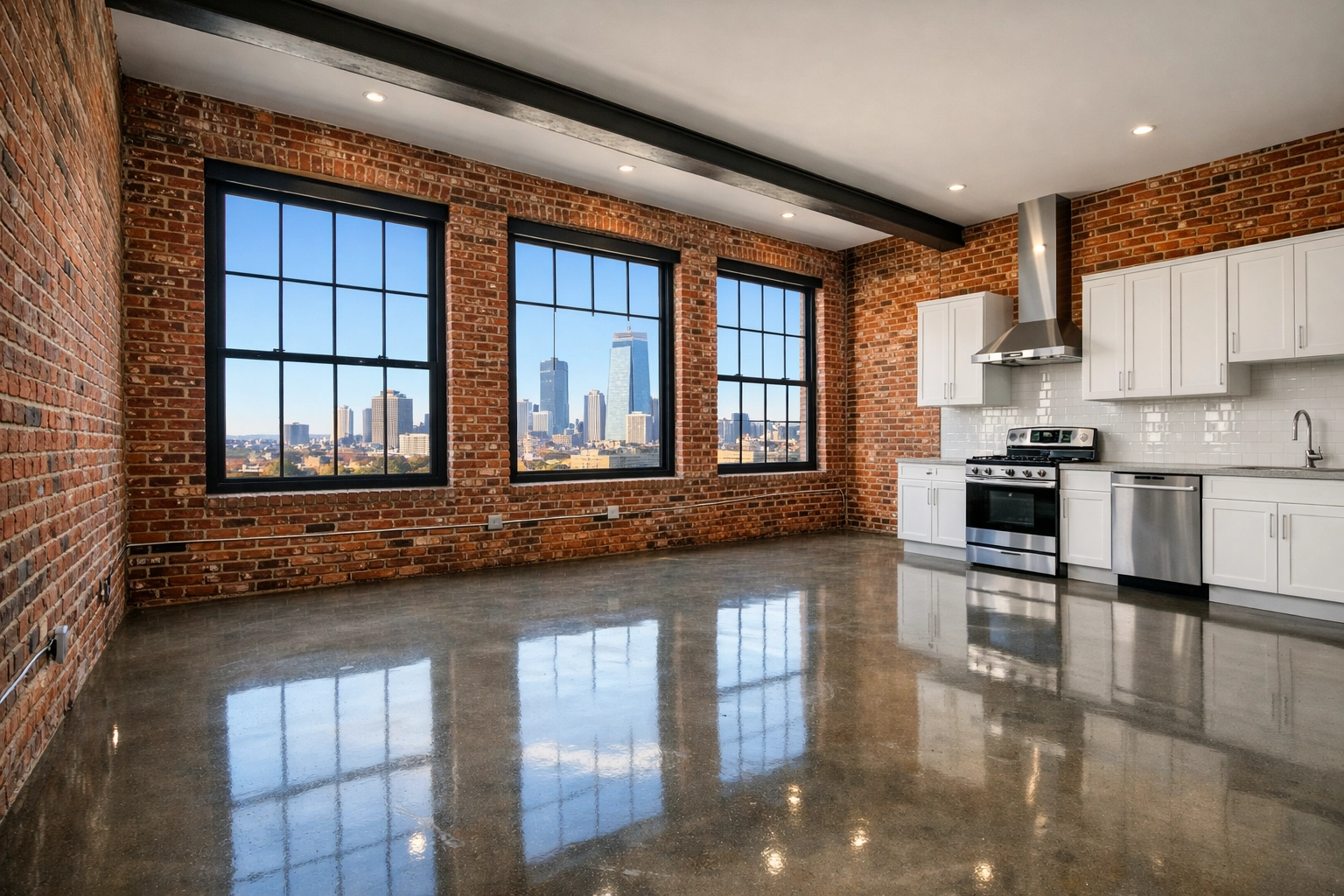 Clean empty Boston loft apartment ready for move-in after a Move-In Cleaning Service in Massachusetts.