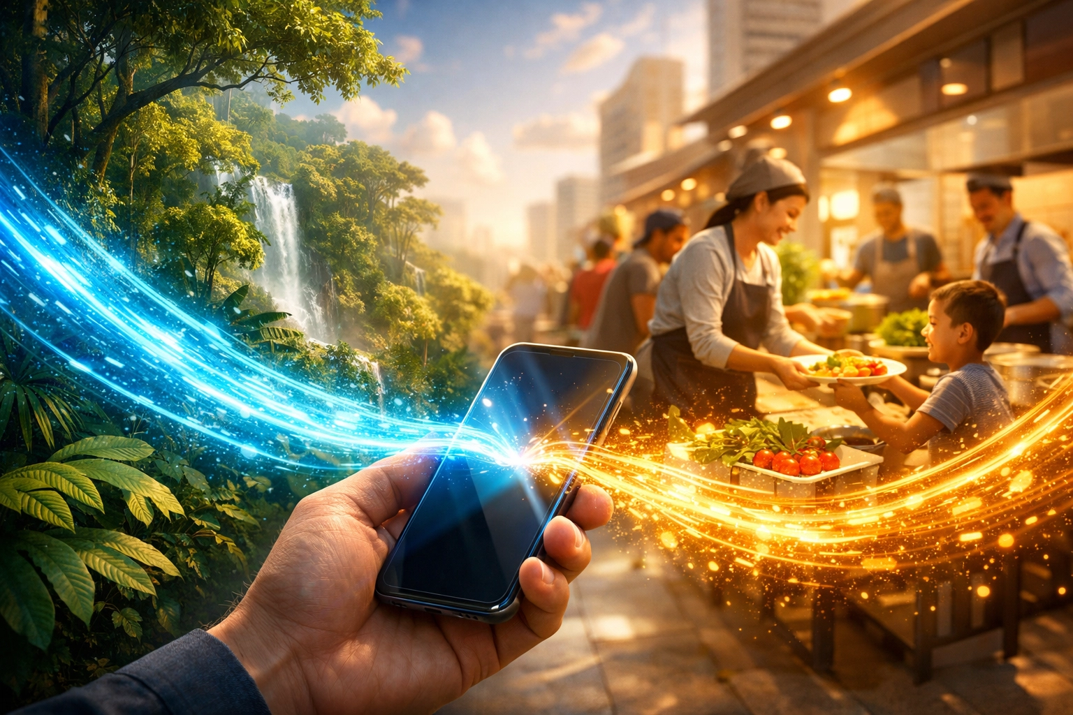 Larecoin mobile payment on a smartphone fueling global change through reforestation and social impact.