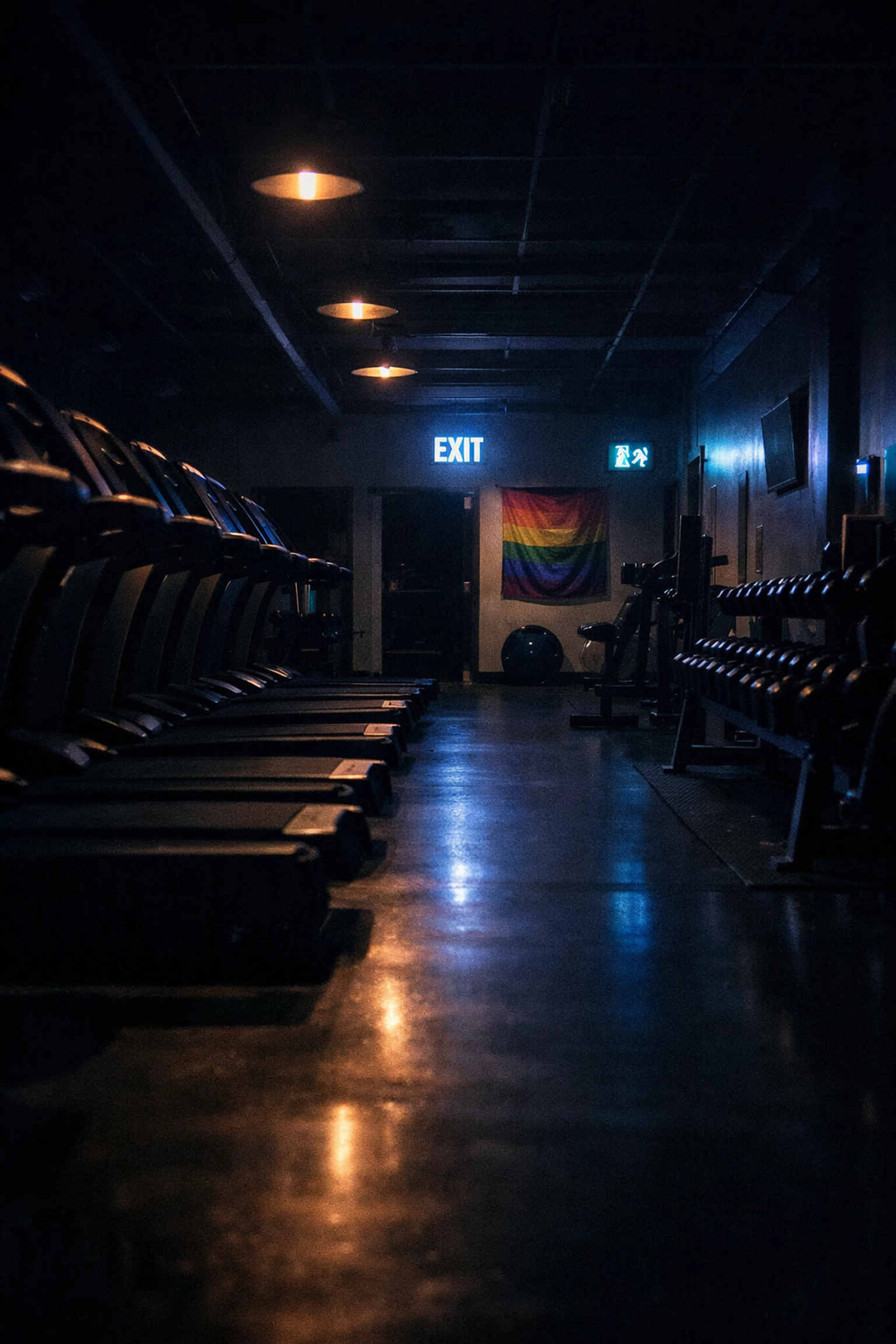 Empty gym at night with peaceful late-night atmosphere for gay romance story
