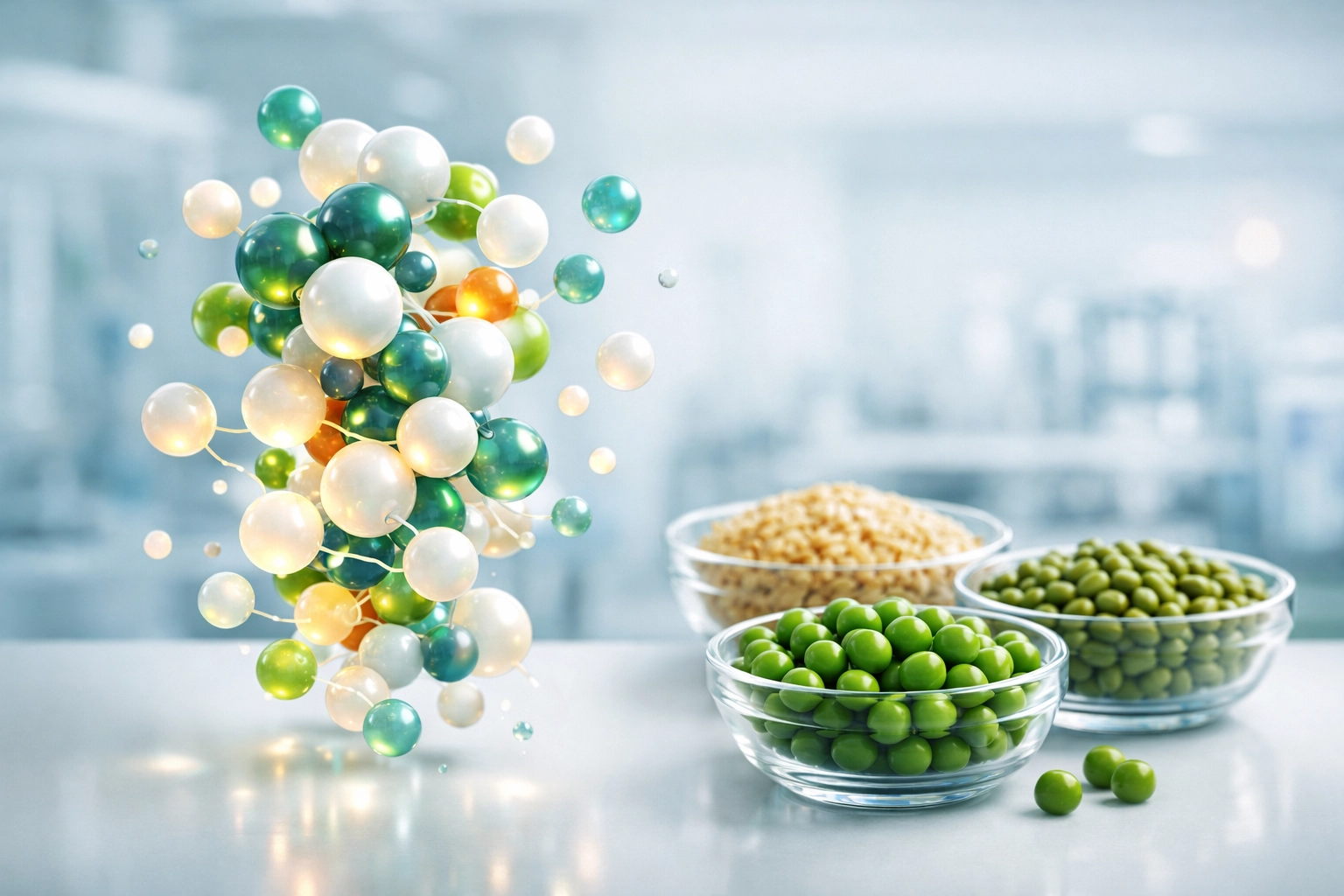 Visual representation of plant protein molecules alongside peas, rice, and beans.