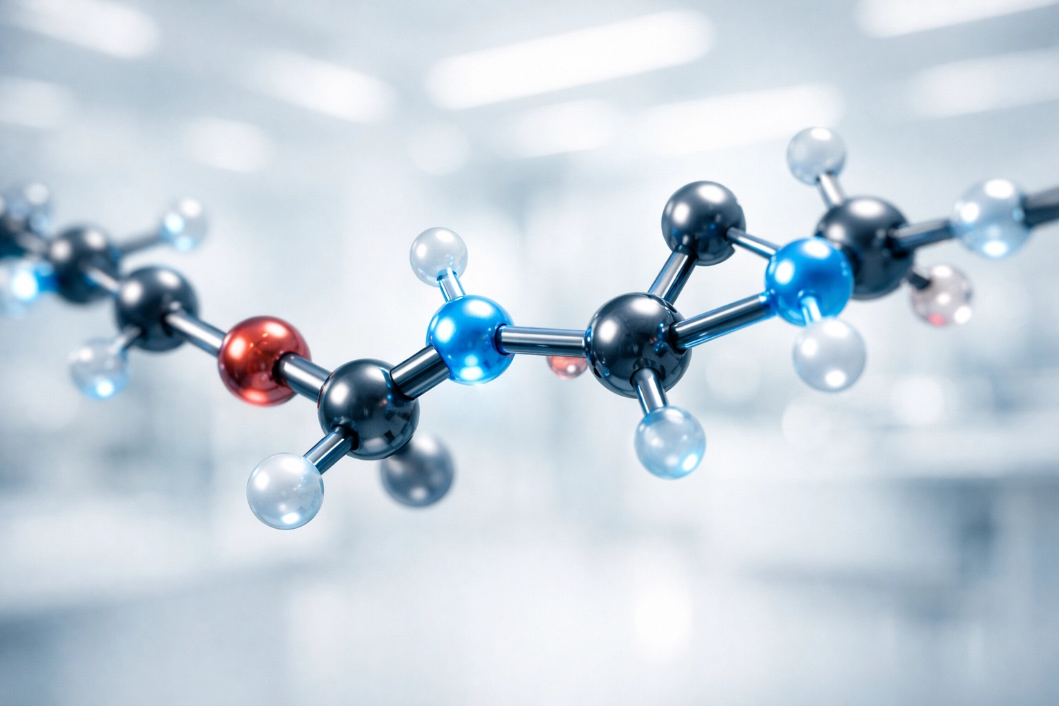 Close-up of a BPC-157 peptide molecular chain illustrating biological tissue repair mechanisms.