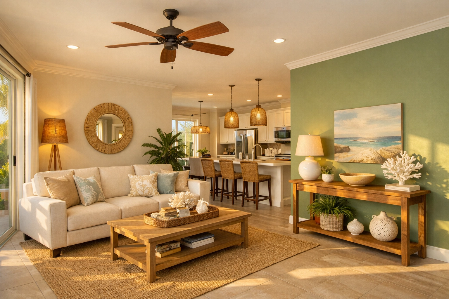 Interior painting Orlando showcase with warm white walls and sage green accent in Florida home