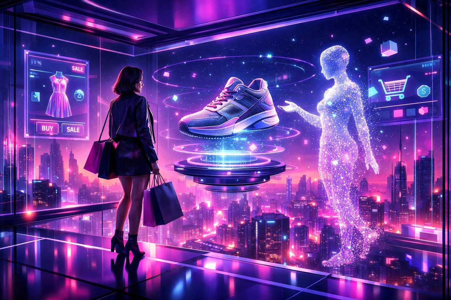 AI-powered metaverse shopping experience with secure Web3 payments in a futuristic virtual storefront.