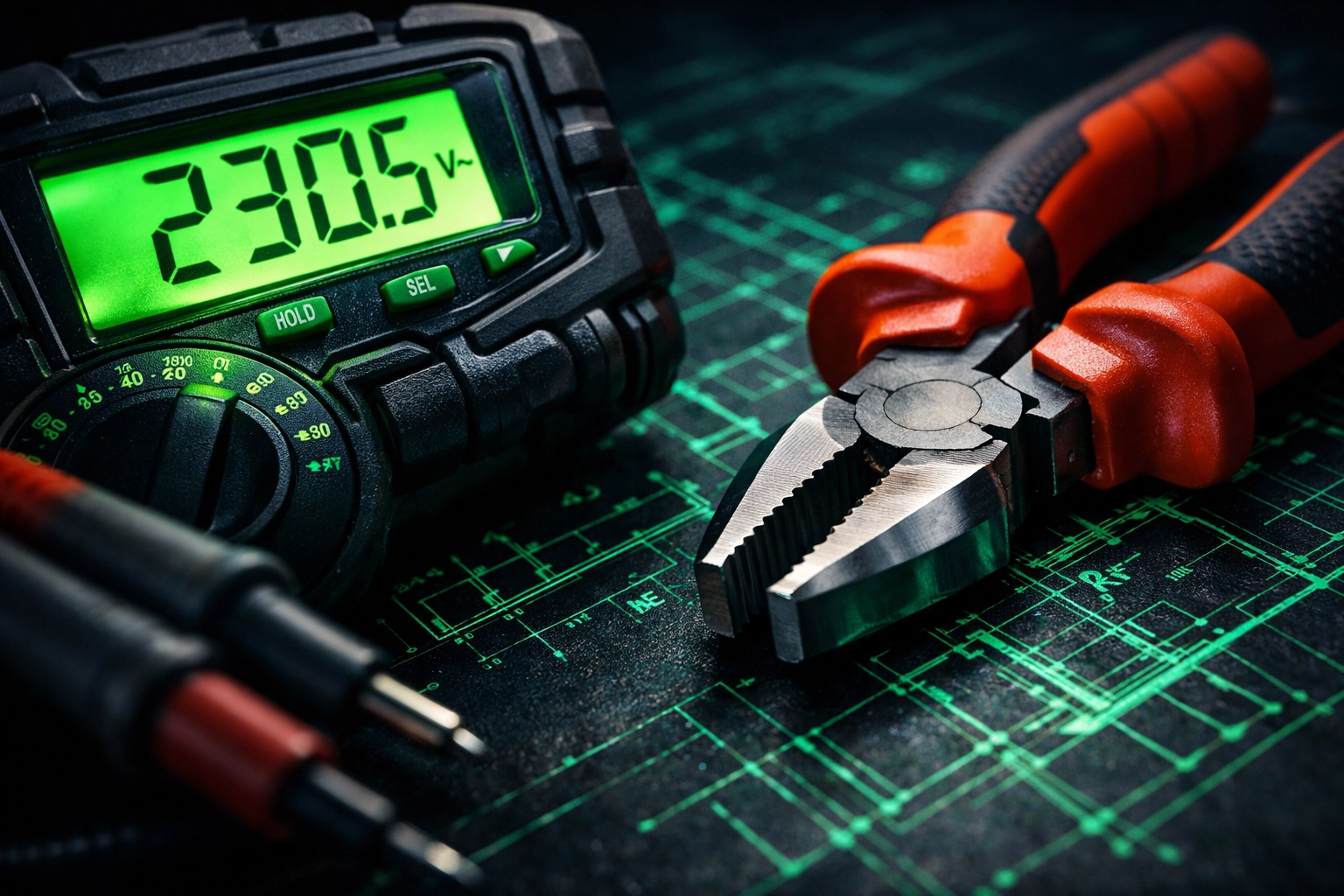 Professional electrical multimeter and tools on a blueprint for San Diego repair services.