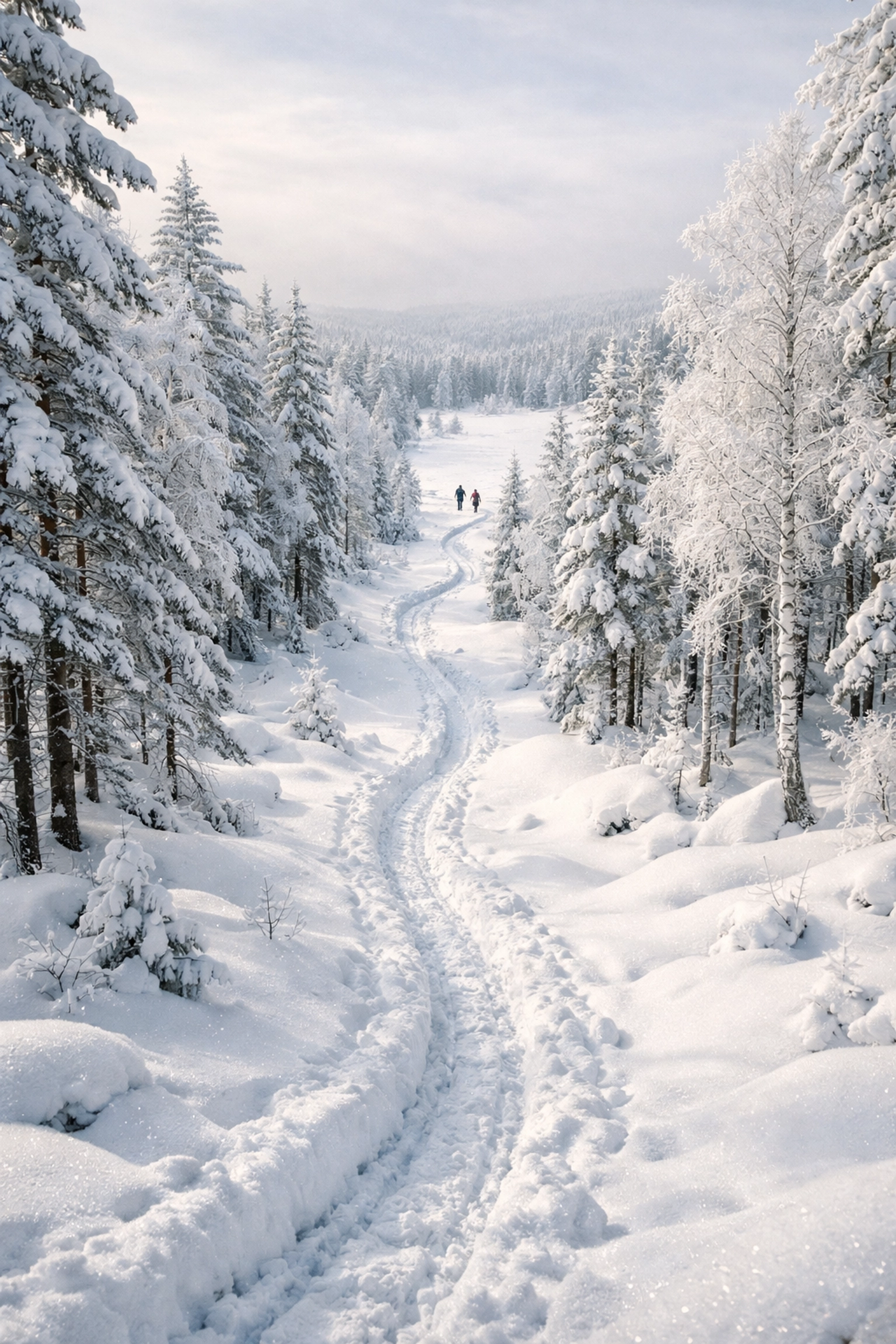 Winding snowshoe trail through quiet snow-covered pine forest