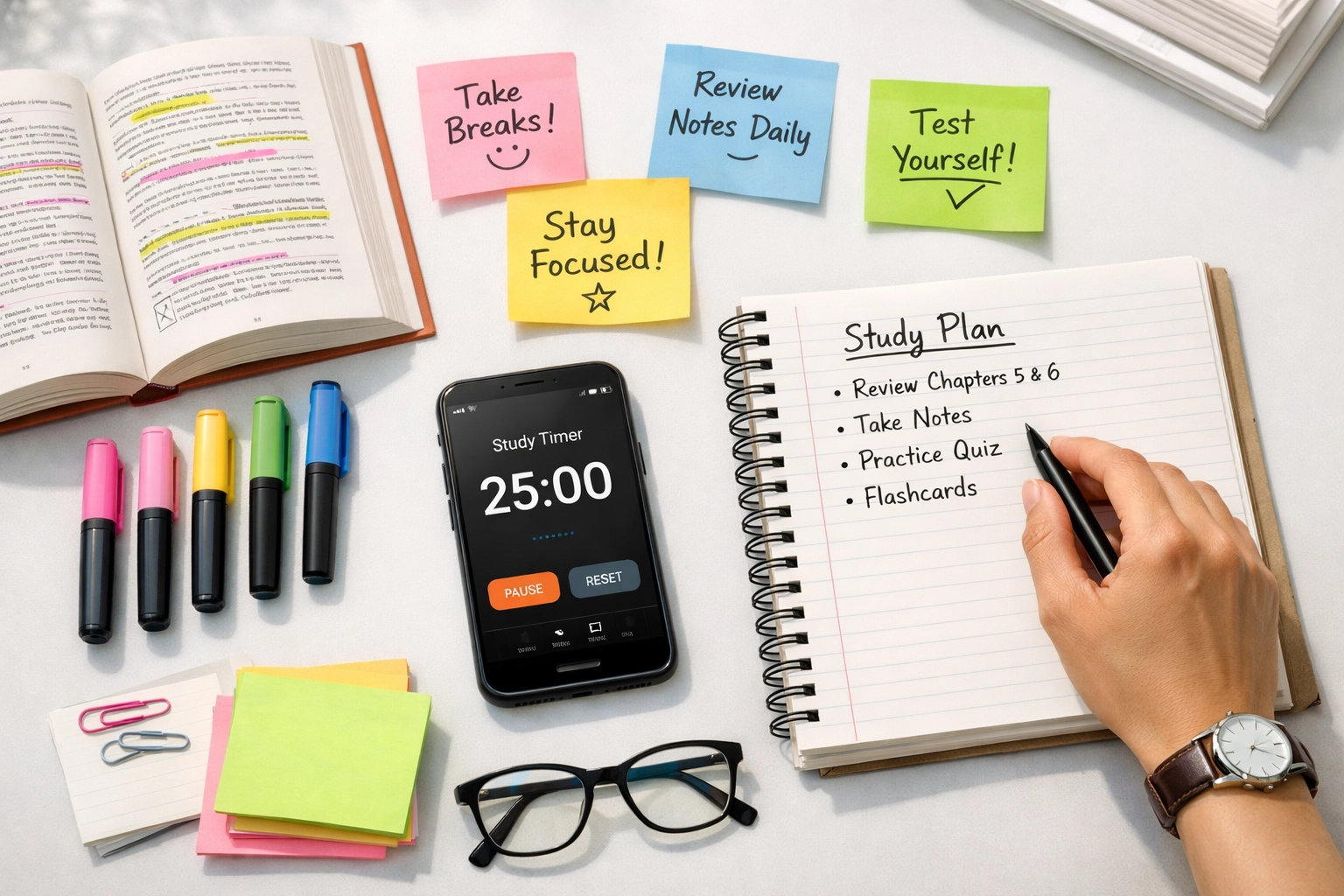 Organized CLEP and DSST test prep study materials with textbooks and notes