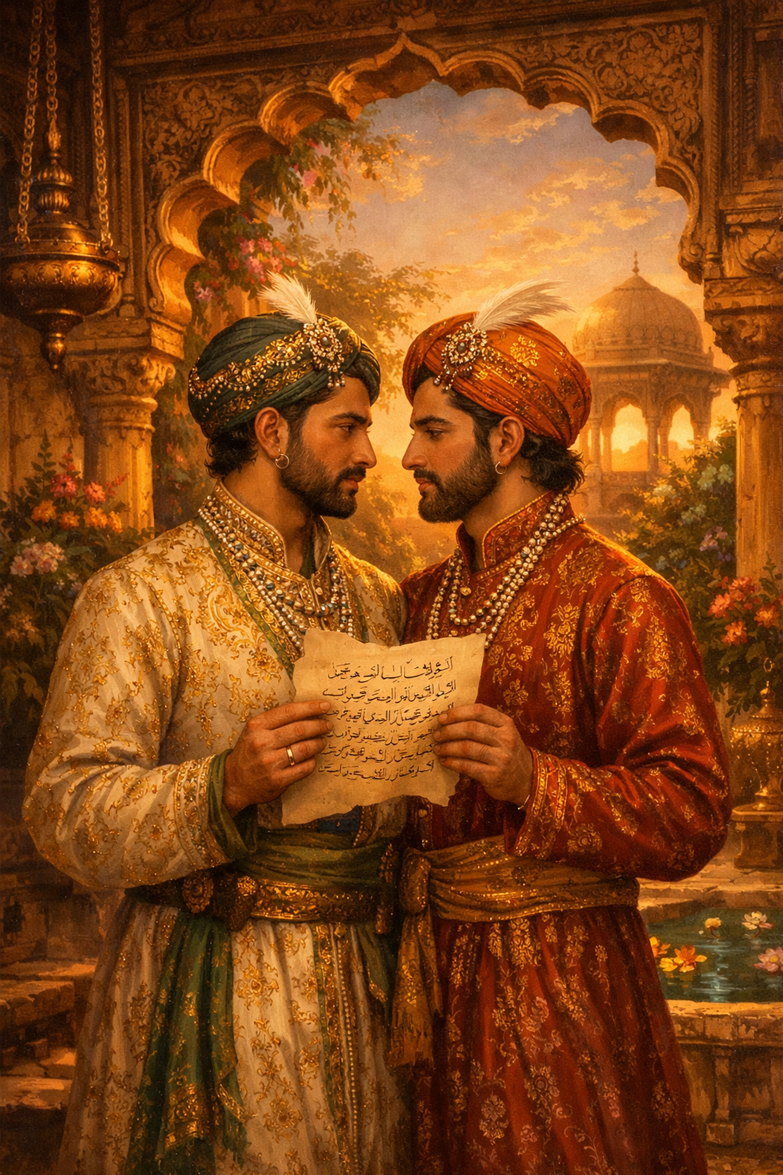 A romantic gay historical romance scene with two South Asian men in traditional Mughal-era clothing.