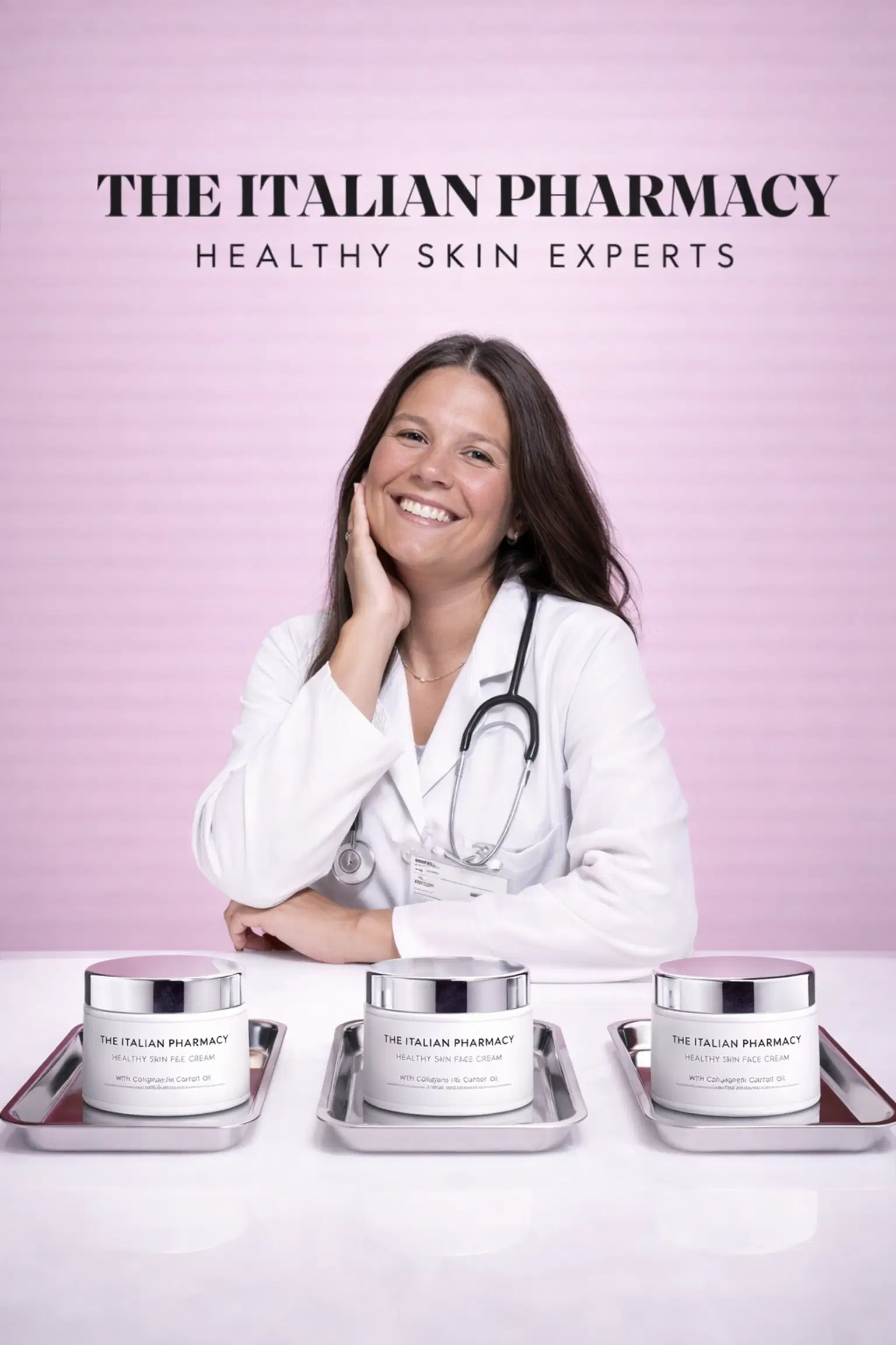 A pharmacist standing with The Italian Pharmacy products