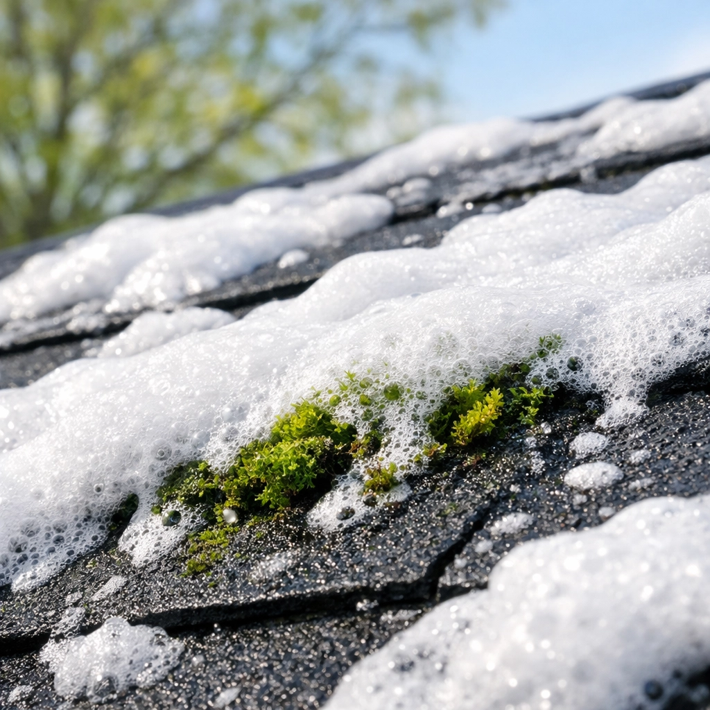Soft wash roof cleaning foam removing moss and algae from Maryland home shingles.