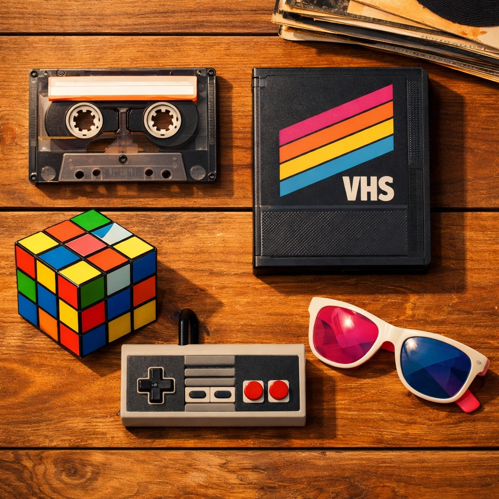 Retro 1980s nostalgia collection with cassette tapes and vintage toys for 40th birthday gifts