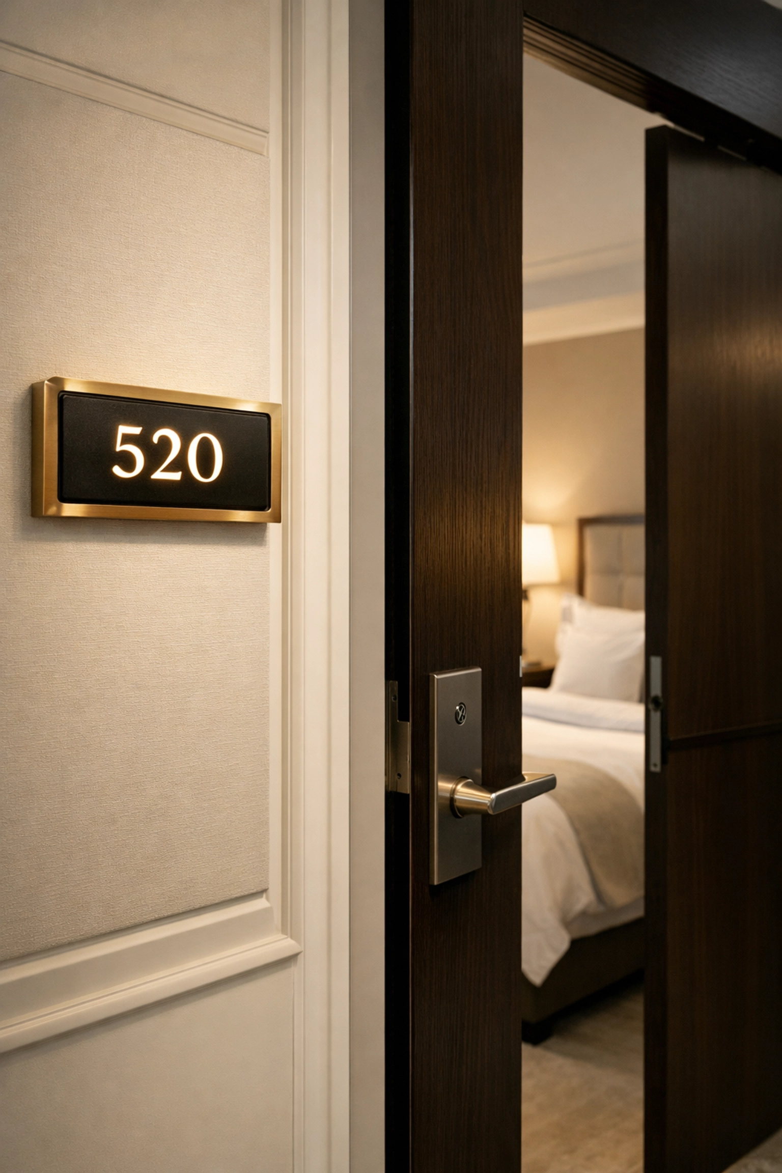 Modern hotel room door in pristine hallway showing seamless property management operations