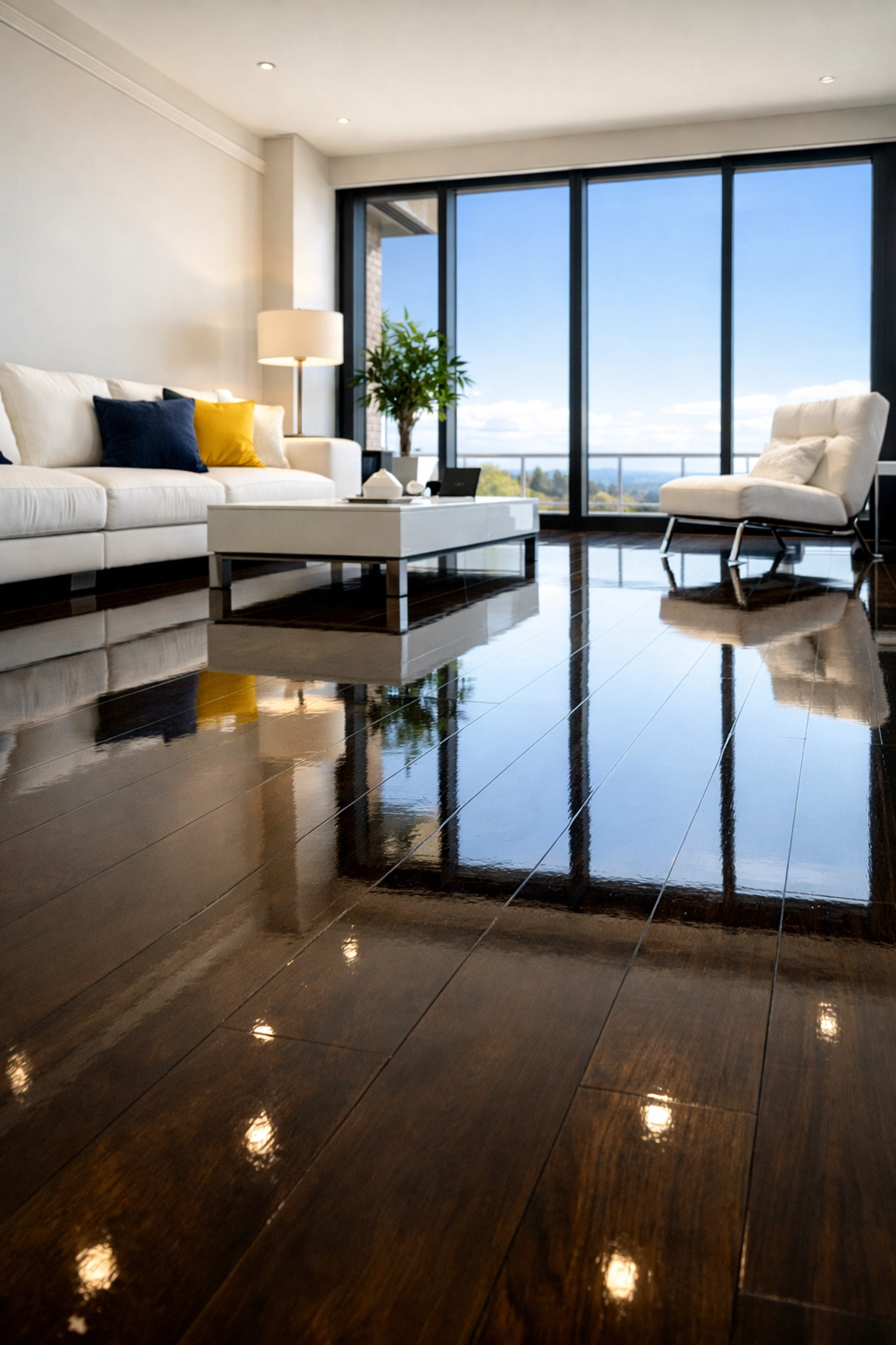 Show-ready living room with polished hardwood floors after a professional deep cleaning service.