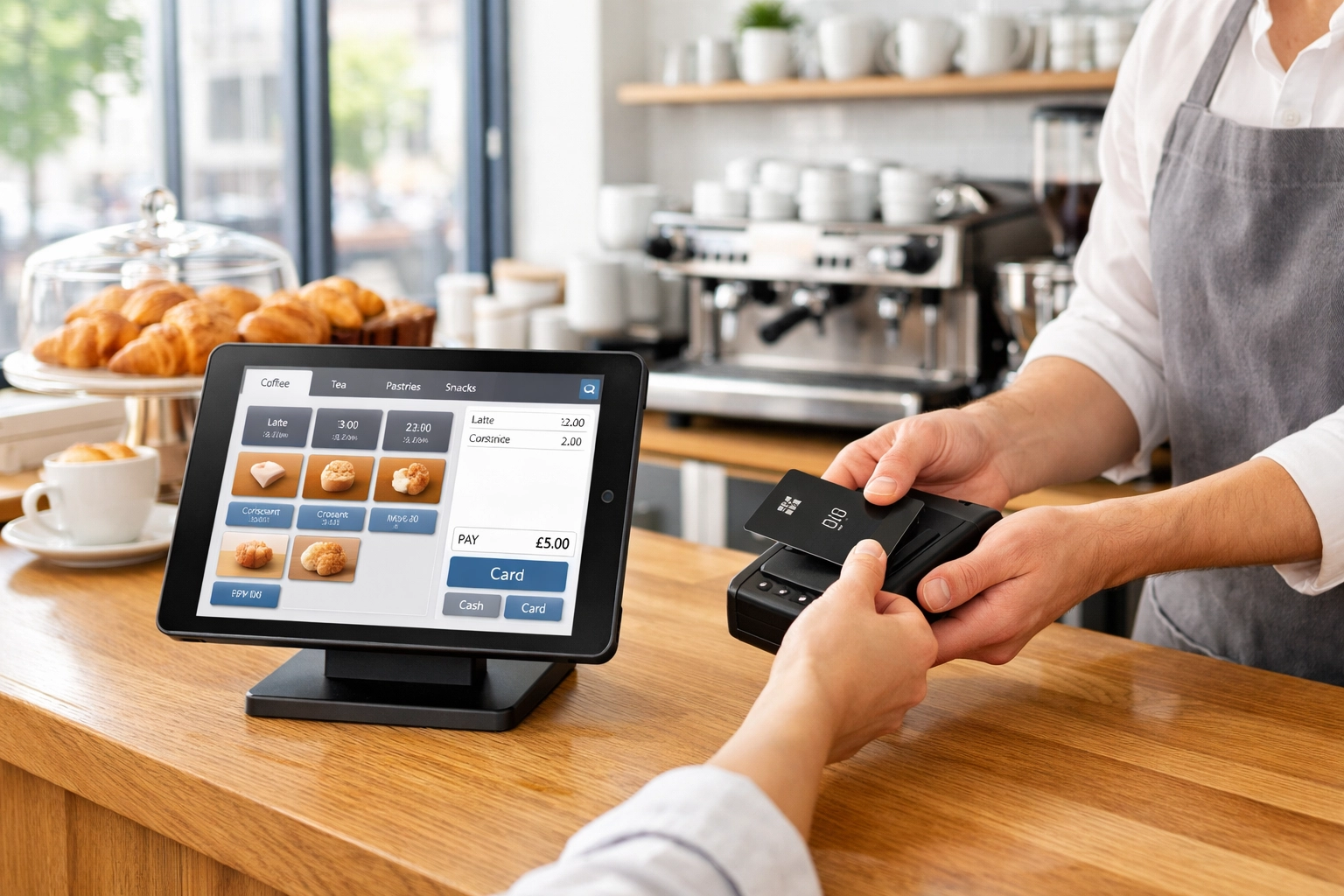 Modern EPOS system processing contactless payment in UK café with barista serving customer